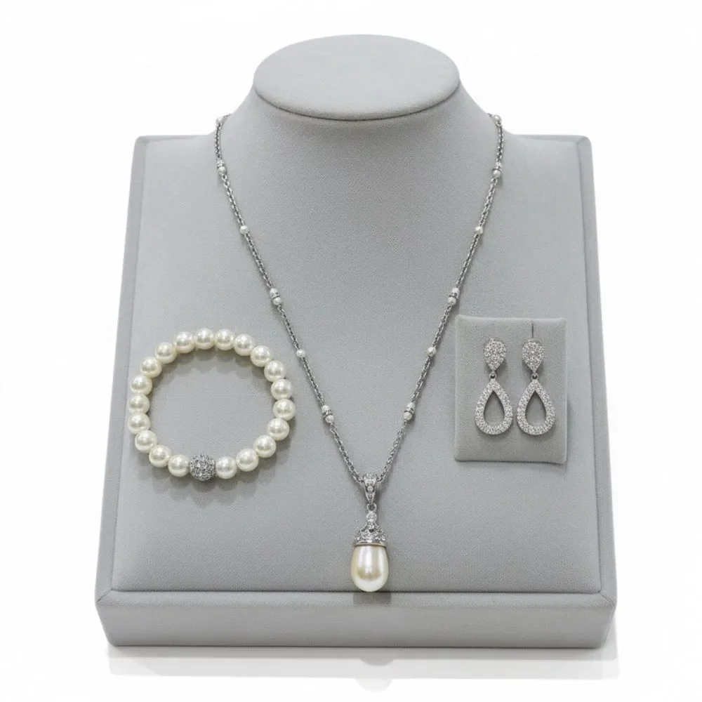 Bridal Faux Pearl 3pc Set Necklace Bracelet Earrings pearls Rhinestone